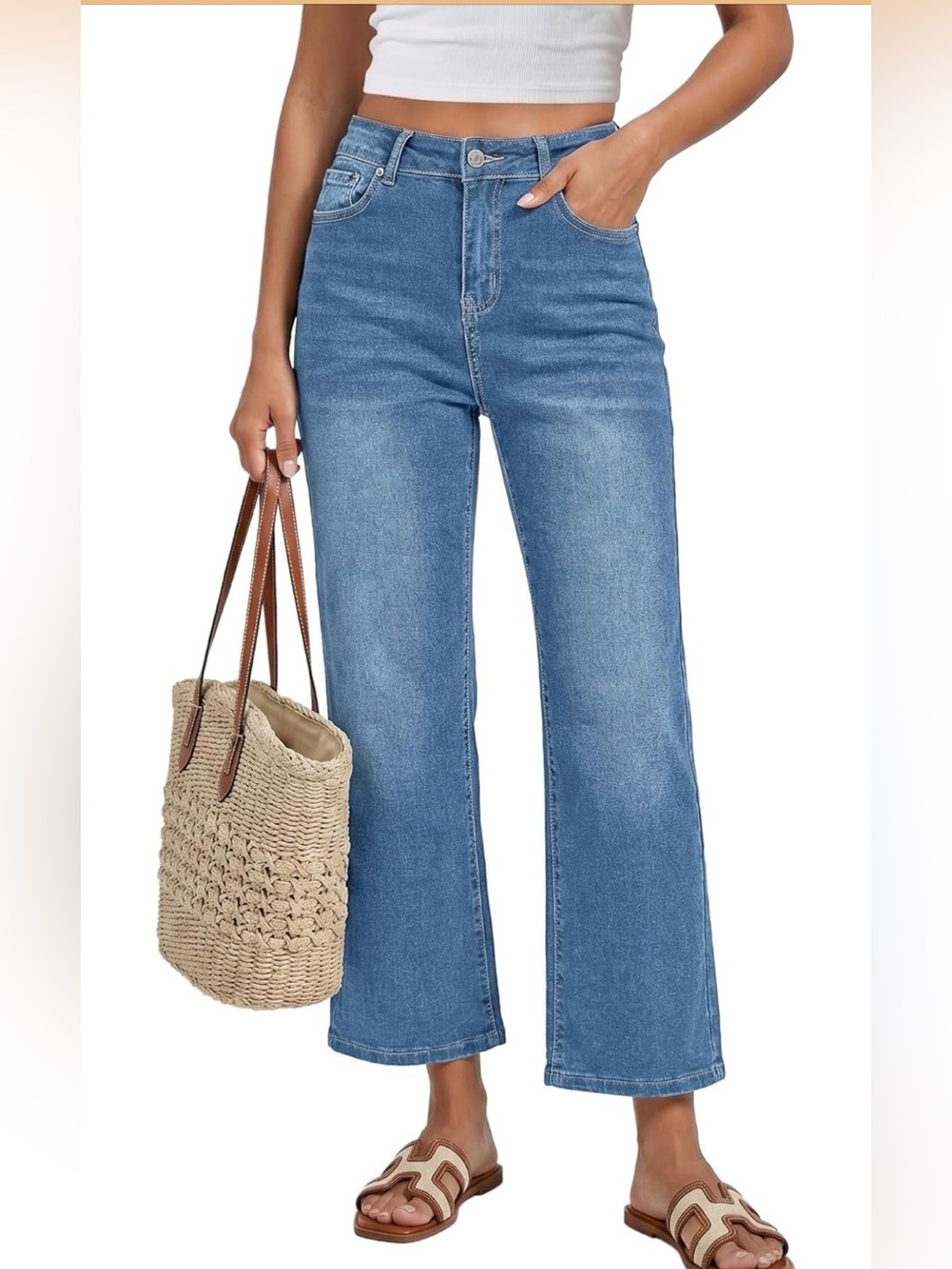 Cropped Straight Leg Jeans Size Medium (8-10) Light Wash High Rise Stretch Denim